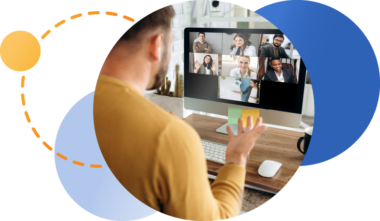 Employee on video meeting with 7 coworkers.
